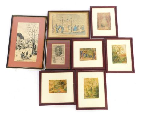 Various pictures, prints, etc, to include After Woodward, Punch print entitled  A Peep at the Gaslights in Pall Mall, coloure