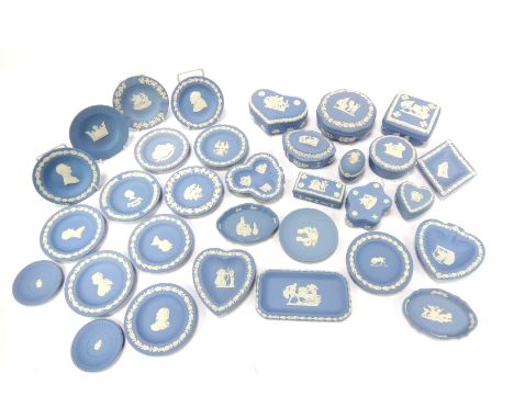 A group of Wedgwood blue jasperware, to include trinket dishes, trinket boxes and covers, heart shaped dish, ashtray, etc. (1