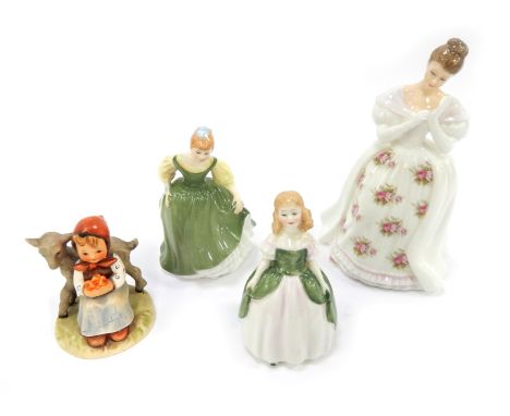 Three Royal Doulton porcelain figures, modelled as Summer Rose HN3309, Fair Maiden HN2211, Penny HN2338, together with a Goeb