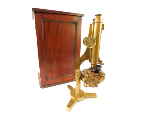 A R &amp; J Beck of London binocular microscope, numbered 9038, 46cm high, in mahogany carry case, 51cm high.