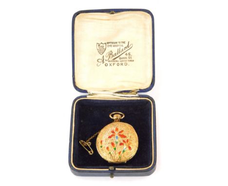 A Continental fob watch, with engine turned design and numeric dial with blue handles, bezel wind, yellow metal stamped 18k, 