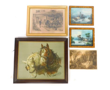 A group of pictures, prints, etc, to include After Lucy Kemp-Welch. And Days at the Moor, print, 46cm x 60cm, After Sadler. O
