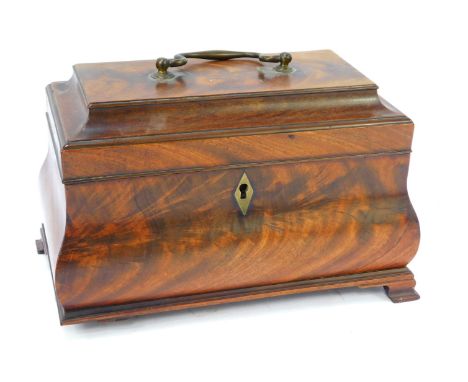 A George III flame mahogany bombe tea caddy, with brass swan neck handle on ogee bracket feet (AF), 17cm high, 26cm wide.