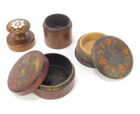 Three 19thC and later trinket boxes, comprising a lacquered box decorated with hand painted birds of paradise, 6.5cm diameter