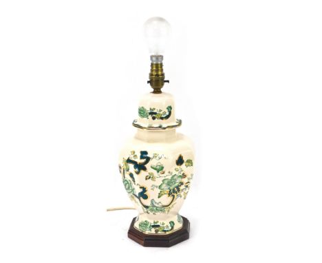 A Masons ironstone Chartreuse pattern table lamp, of baluster form, on hardwood base, 37cm high. 