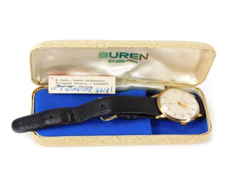 A Buren 9ct gold cased wristwatch, with silvered dial, the case inscribed R S Davies, Luke &amp; Spencer, 1926-1963, 3.5cm wi