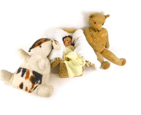 Soft toys and doll clothing, including a dog and teddy bear with opposable arms and legs, etc. (a quantity) 