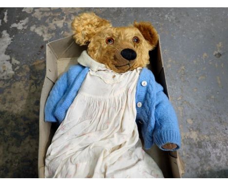 Vintage straw filled bear with clothes. Not available for in-house P&amp;P 