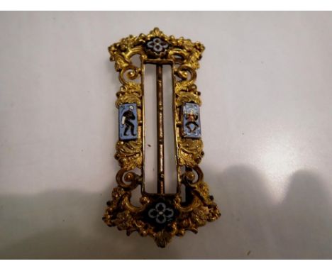 Late 19th century pinchbeck and enamel buckle, losses to prongs, L: 10 cm. UK P&amp;P Group 1 (£16+VAT for the first lot and 