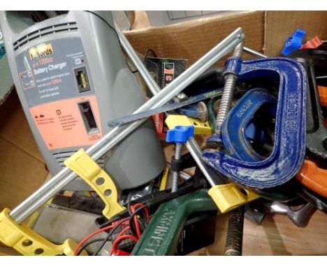 Mixed tools including clamps and a battery charger. All electrical items in this lot have been PAT tested for safety and have