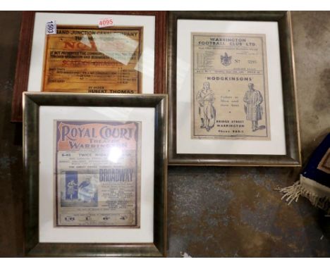 Three framed notice/ticket prints. Not available for in-house P&amp;P 