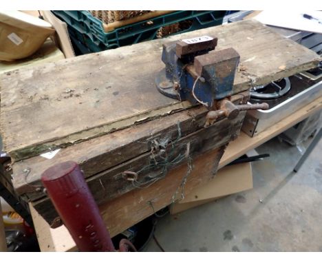 Wooden box containing tools and a record No 00 vice. Not available for in-house P&amp;P 