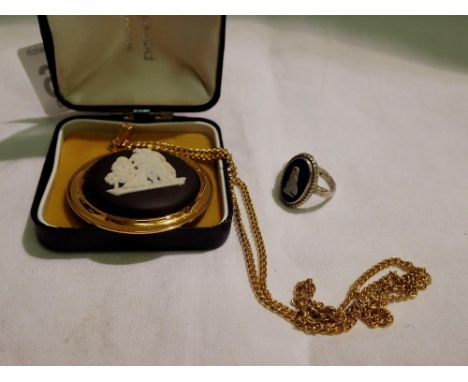 Wedgwood Jasperware pendant on a gold plated chain and a hallmarked silver Wedgwood cameo ring. UK P&amp;P Group 1 (£16+VAT f