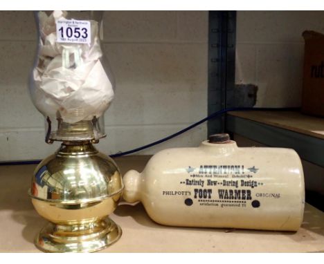 Brass paraffin lamp and stone hot water bottle. Not available for in-house P&amp;P 