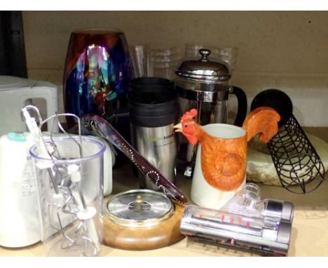 Shelf of mixed items including a vintage thermos flask. Not available for in-house P&amp;P 