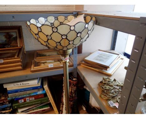 Brass standard lamp with Tiffany style shade, H: 190 cm. Not available for in-house P&amp;P 