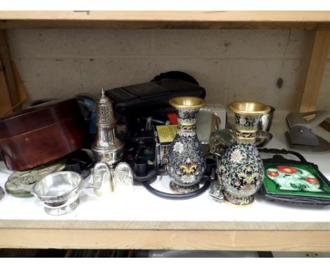 Shelf of mixed metal items including a pair of Oriental cloisonné enamel vases. Not available for in-house P&amp;P 