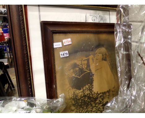 Framed Elvis print another loose print and an early photograph of a girl with pram. Not available for in-house P&amp;P 