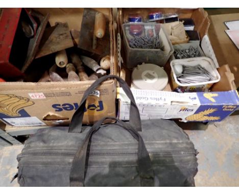 Four boxes of tools and electricals, nails, fittings and fixtures, bag of tools etc. Not available for in-house P&amp;P 