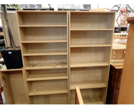 A pair of oak effect 6 shelf bookcases. 80 x 30 x 250cm. Not available for in-house P&amp;P 