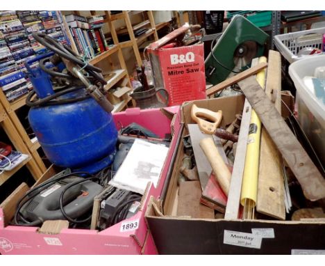 Two boxes of tools including mixed power tools and box of tools with welding equipment and rods. Not available for in-house P
