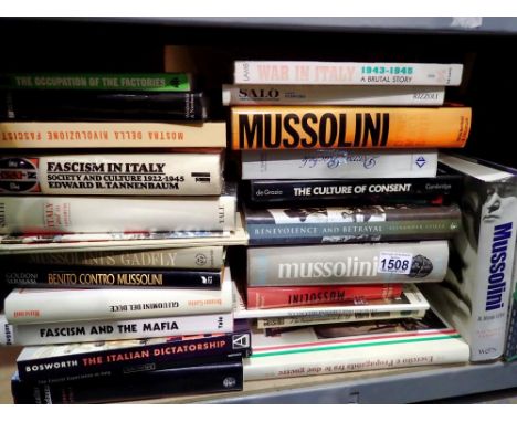 Shelf of Mussolini related books. Not available for in-house P&amp;P 