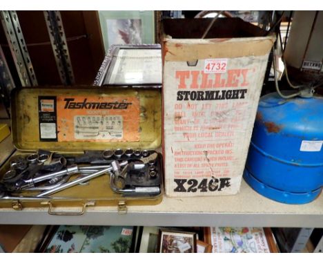 Tilley lamp, camping gas lantern and socket in metal box. Not available for in-house P&amp;P 