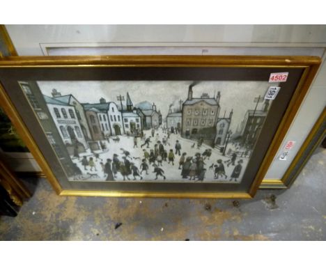 LS Lowry village square framed print, 73 x 60 cm. Not available for in-house P&amp;P 