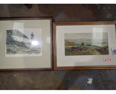 Watercolour of a welsh farm signed JR Edwards 1991, 26 x 10 cm and a print. Not available for in-house P&amp;P 