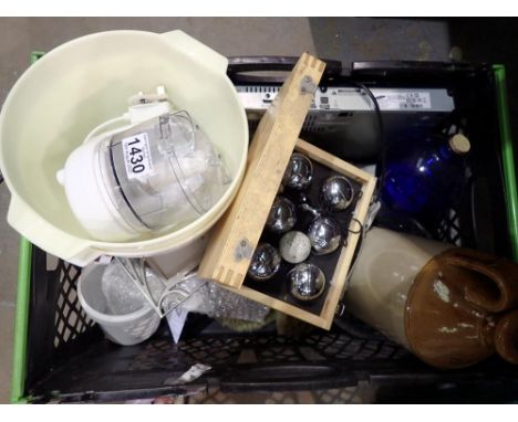 Box of mixed items to include stone flagon. All electrical items in this lot have been PAT tested for safety and have passed.