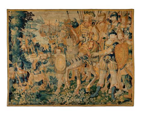 Aubusson tapestry. France, 17th century."The Conquest of America".The border is missing and has old restorations. It needs re