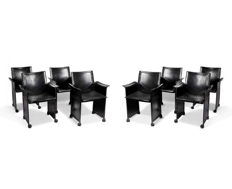 TITO AGNOLI (Lima, 1931-Milan, 2012) for MATTEO GRASSI.Set of eight Korium chairs.Black leather upholstery.Measurements: 78 x