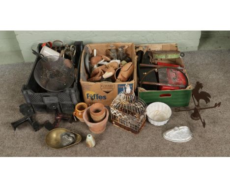 Three boxes of mostly assorted metal wares to include vintage birdcage, enamel jelly mould, small selection of hand tools, st