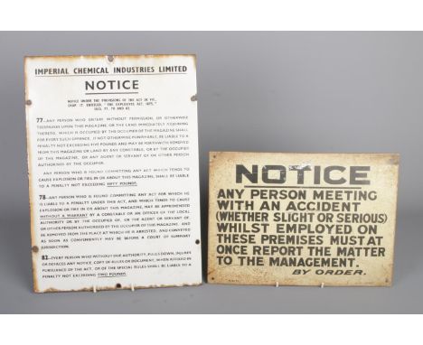 A vintage Imperial Chemical Industries Limited enamel wall sign regarding the Explosives Act 1875 along with a smaller J A Wh
