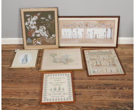 A collection of prints and embroideries to include Kings and Queens of England Comparative Lengths of Reign, sampler, Peter R