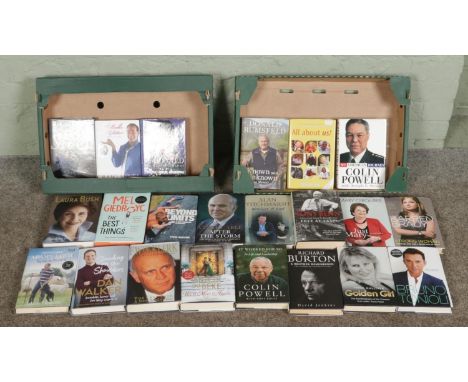 Two boxes of signed first edition books, including Jane McDonald "Follow Your Dreams", Colin Powell "My American Journey", Cr