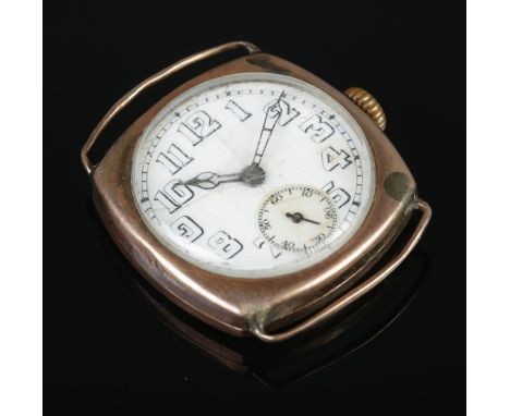 A 9ct Gold Swiss Made ladies manual wind wristwatch head, bearing Arabic Numeral markers and subsidiary second dial. Weight o