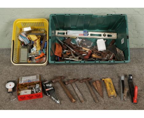 A large box of assorted household metal tools and accessories, including Roughneck splitting wedges, hammers, spanner sets, p