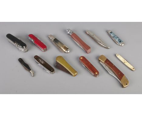 Twelve assorted folding knives, including Richards of Sheffield and multi-tool examples. CANNOT POST.