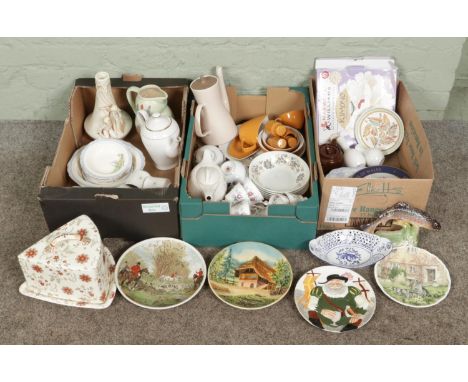 Three boxes of assorted vintage ceramics and pottery, containing Royal Doulton cups &amp; saucers, Davenport Pottery plate, P