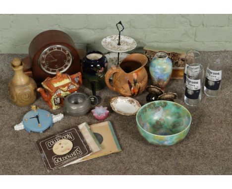 A mixed box of collectables including various pottery such as Alvingham, Noritake, Ye Old Cottage etc pewter bowl, wrought ir