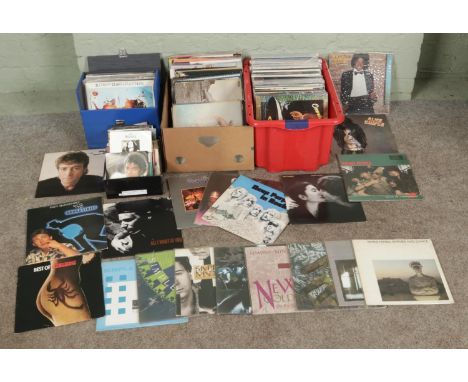 Two boxes and one case of assorted vinyl and vinyl singles records, to include Simple Minds collections, Deep Purple collecti