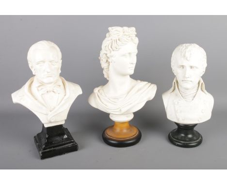 A collection of three small busts to include ceramic Apollo, plaster R. Wagner and Napoleon Bonaparte. Approx. height of tall