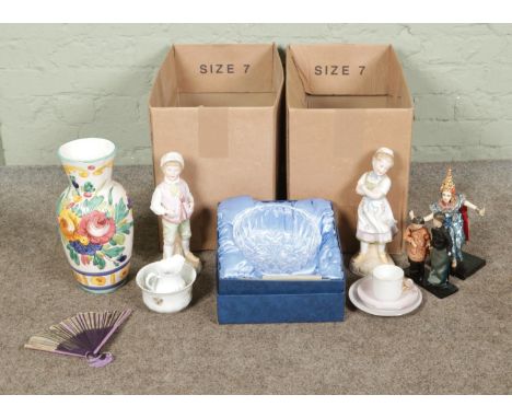 Two boxes of assorted miscellaneous, to include a pair of 19th century German Bisque figures bearing Schutz-Marke to the base
