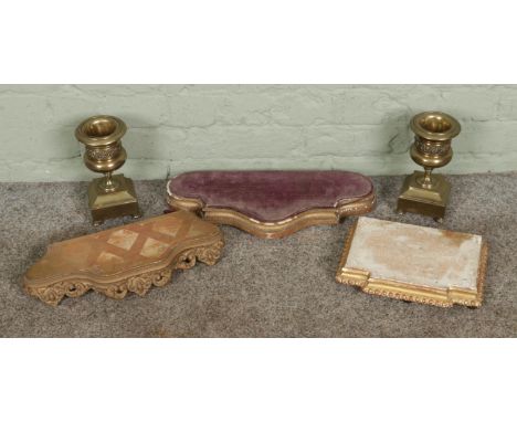 Three antique mantel clock wooden bases, accompanied by a pair of brass garnitures.
