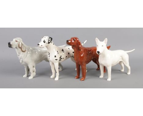 Four Beswick ceramic dogs, consisting of CH Romany Rhinestone bull terrier, CH Arnoldene dalmatian, CH Bayldone Bardonet and 