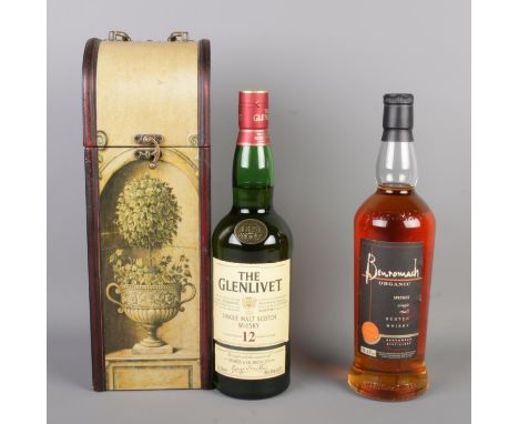 Glenlivet 12 Year Single Malt Whisky (40% 70cl) in wooden case with Benromach Organic Speyside Single Malt Scotch Whisky (43%