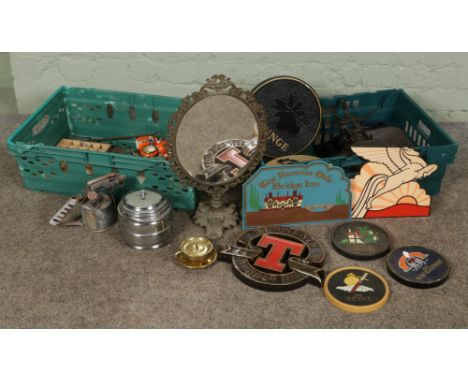 Two boxes of mixed collectables including kitchen scales, brewery signs, vanity mirror etc