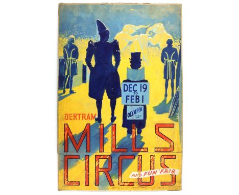 Bertram Mills Circus and Fun Fair, Olympia - Clowns in silhouette by the Ring with elephants performing, original hand painte