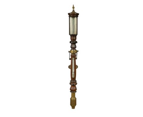 with signed ivorine dials with circular canopy style cover, shaped reeded column with thermometer, brass mount to the foot ma